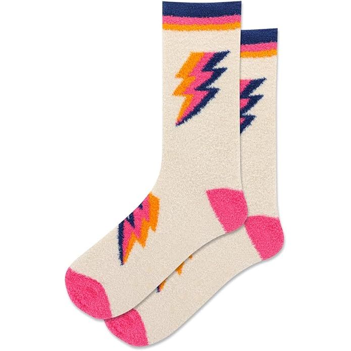 Hot Sox Women's Bolt Non-Skid Slipper Socks are a cozy and stylish option for keeping your feet warm and comfortable in colder weather. These slipper socks feature a fun and eye-catching bolt design that adds a pop of personality to your loungewear.