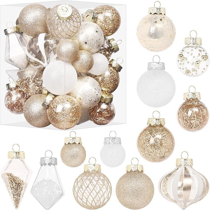 The Christmas Ball Ornaments Set is a 34-piece collection of clear plastic shatterproof ornaments designed for decorating Christmas trees. These ornaments are champagne and white in color, adding a touch of elegance and sophistication to your holiday decorations.