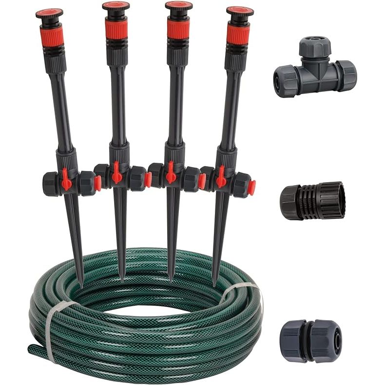 The Eden 98063 Multi-Adjustable Flex Design Above Ground Irrigation Garden Sprinkler System is a versatile and easy-to-use solution for watering your garden or lawn. This sprinkler system features a flexible design that allows you to adjust the watering pattern to meet the specific needs of your plants.