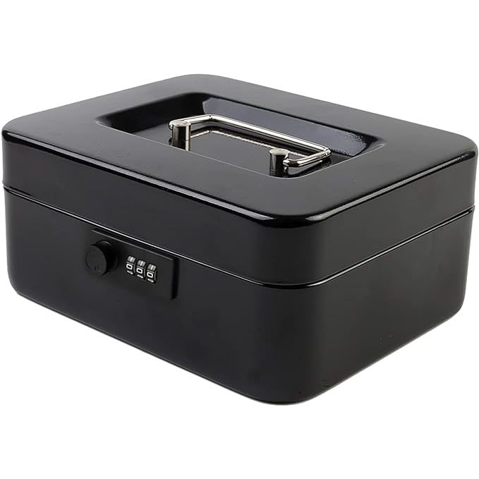 The KYODOLED Medium Metal Cash Box with Combination Lock is designed for securely storing cash and valuables. It features a durable metal construction and a combination lock for added security. The cash box measures 7.87"x 6.30"x 3.54", making it compact and portable for carrying or storing in a small space.