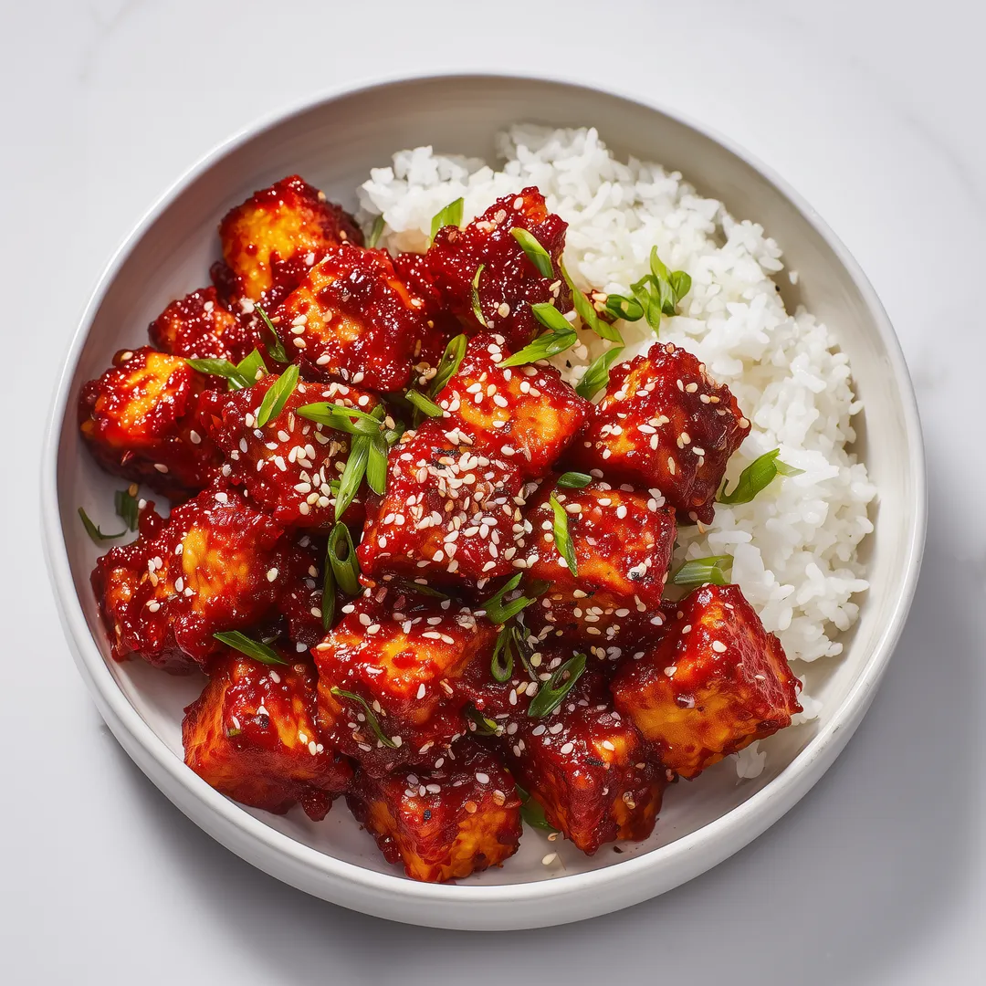 A delicious and protein-rich dish that combines crispy popcorn tofu and sweet sticky rice, featuring vibrant Korean flavors. Perfect for meal prep and packed with sweet, salty, and spicy notes.