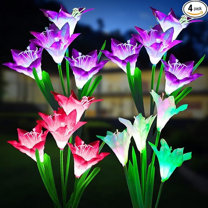 The KOOPER Outdoor Solar Lights are a 4-pack of solar garden lights featuring bigger lily flowers that add a touch of beauty and elegance to any outdoor space. These lights are designed to automatically change colors, offering a vibrant and eye-catching display that enhances your garden, patio, yard, or any other outdoor area.