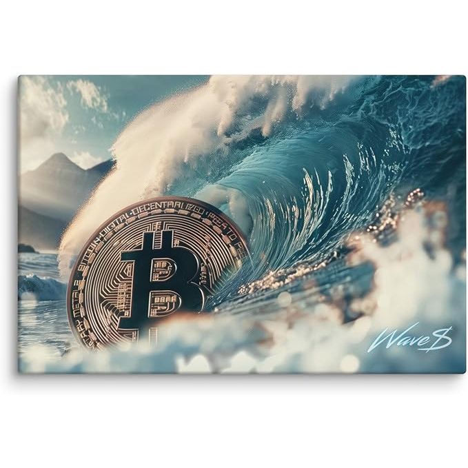 The Generic WAVE$ Bitcoin Canvas is a 24""x36"" decorative piece designed for both home and office spaces. It features a modern and innovative design inspired by cryptocurrencies such as Bitcoin, with a bold color palette of blue, gold, and orange.