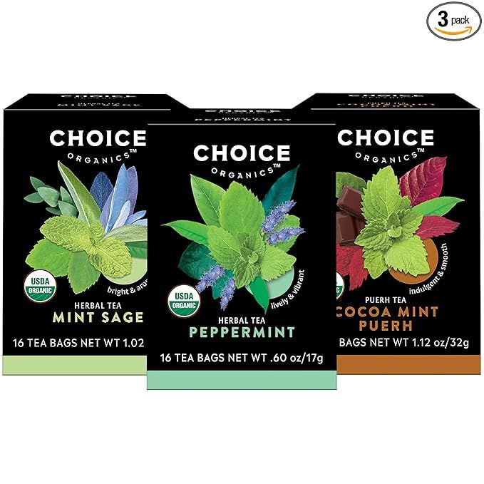 Choice Organics Mint Tea Variety Pack Sampler includes three different mint tea blends: Peppermint, Mint Sage, and Cocoa Mint Puerh. Each pack contains 48 tea bags, making it a great option for those who enjoy a variety of mint flavors. 
The Peppermint tea is refreshing and invigorating, perfect for a pick-me-up any time of day.