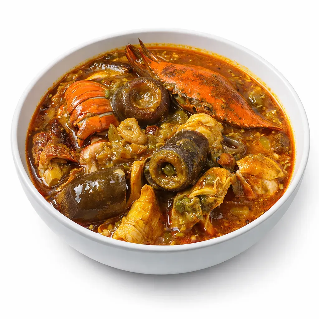 A hearty stew inspired by traditional Ghanaian cuisine, featuring okra, assorted meats, and a burst of spices for rich flavors.