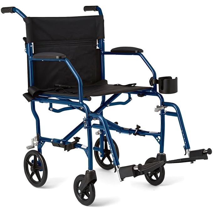 The Medline Ultra Lightweight Transport Wheelchair is a reliable mobility aid designed for adults. It features a foldable design for easy transportation and storage, making it ideal for on-the-go use. The wheelchair has a 19-inch seat width, providing ample room for comfortable seating.