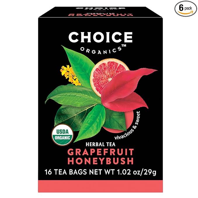 Choice Organic Grapefruit Honeybush Herbal Tea is a caffeine-free blend of organic honeybush, organic grapefruit peel, organic lemongrass, and natural grapefruit flavor. This herbal tea is made with high-quality ingredients and is free of artificial flavors, colors, and preservatives.