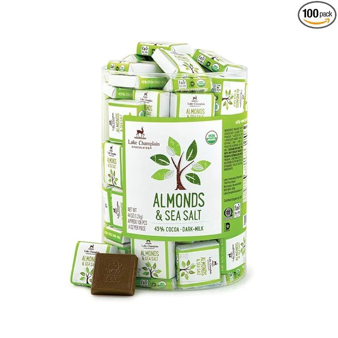 The LAKE CHAMPLAIN CHOCOLATES Organic Sea Salt and Almond Milk Chocolate Square is a gourmet treat made with high-quality, organic ingredients. Each square weighs 0.4 ounces, making it the perfect bite-sized indulgence for any chocolate lover.