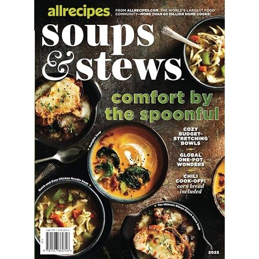 Dive into the world of comfort cooking with the Allrecipes Soups & Stews cookbook, an expertly curated guide by the Editors of Allrecipes, overflowing with over 100 heartwarming recipes. This treasure trove, derived from the acclaimed Allrecipes.com platform, offers a diverse range of soul-satisfying soups, stews, chilis, and more.