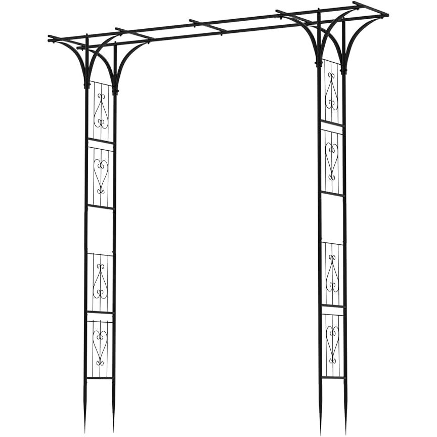 The OUSHENG 7FT Garden Arch Arbor is a sturdy and stylish steel frame stand that provides support for climbing plants in your outdoor space. This archway gate is perfect for creating a beautiful focal point in your garden, lawn, courtyard, patio, or backyard.