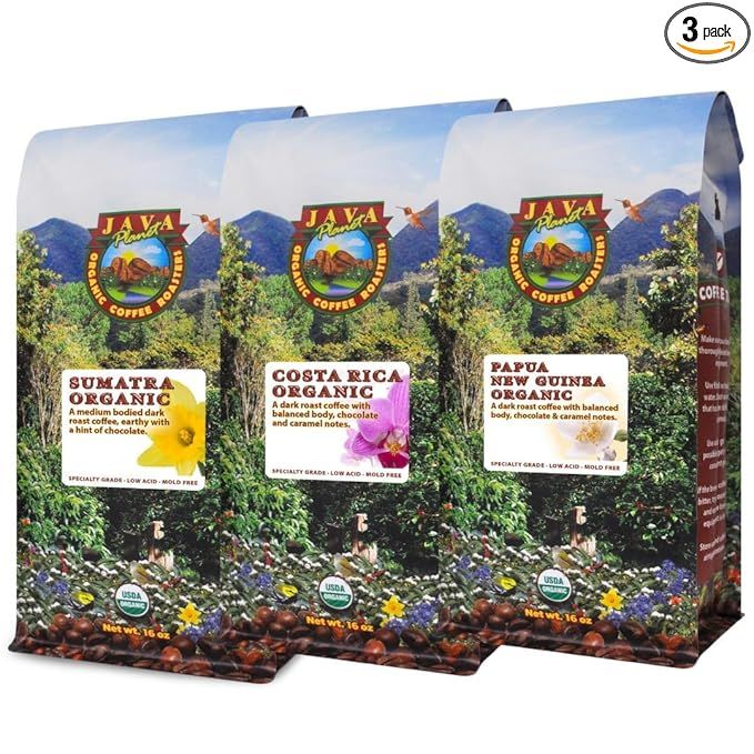 Java Planet Organic Coffee Dark Roast 3 Pack Variety Set includes three 12-ounce bags of whole bean coffee sourced from three different regions - Sumatra, Costa Rica, and Papua New Guinea. This variety set offers a diverse range of flavors and aromas for coffee enthusiasts to enjoy.