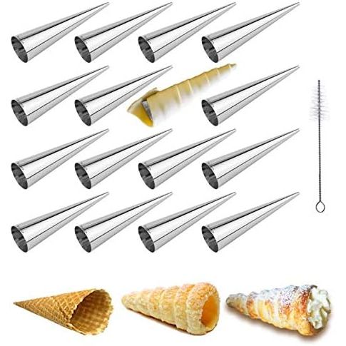 The EUICAE Cream Horn Molds are a set of 16 large 5-inch cream horn forms designed for baking delicious and professional-looking cream horns. These molds are made of durable stainless steel material, ensuring they can withstand high heat in the oven without warping or deforming.