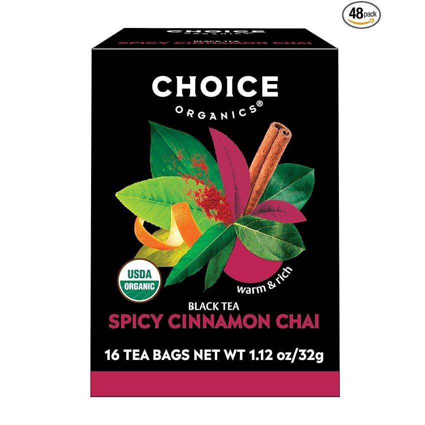 Choice Organics Organic Spicy Cinnamon Chai Tea is a flavorful blend of organic black tea and spices, infused with the warm and spicy notes of cinnamon. This tea is made with ingredients that are certified organic by the Rainforest Alliance, ensuring sustainable and environmentally-friendly practices are followed in its production.