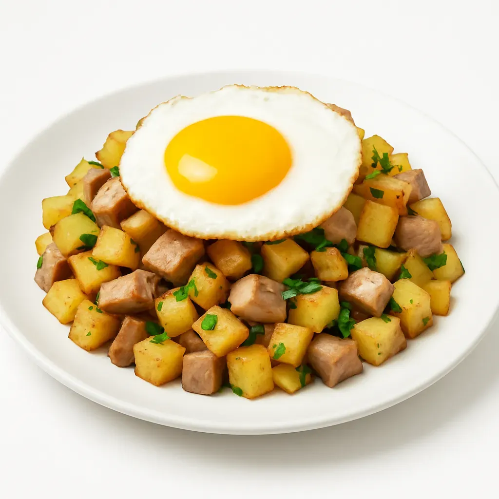 A traditional Swedish hash made with diced beef, crispy potatoes, and tender onions, seasoned with parsley and served with a sunny-side-up egg.