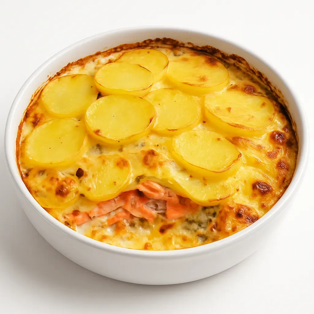 A traditional Scandinavian dish featuring layers of potatoes, Norwegian salmon, and sweet onions, baked in a creamy custard until golden.
