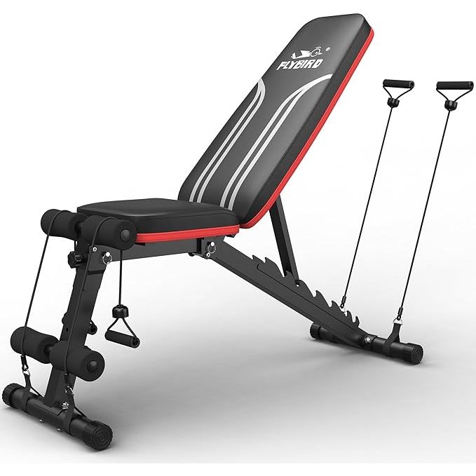 The FLYBIRD Adjustable Weight Bench is a versatile workout bench designed for use in home gyms. It features a 15-degree decline setting, allowing for a variety of exercises including sit-ups and declined presses. The bench is constructed from sturdy and durable materials that are designed to withstand years of heavy use.