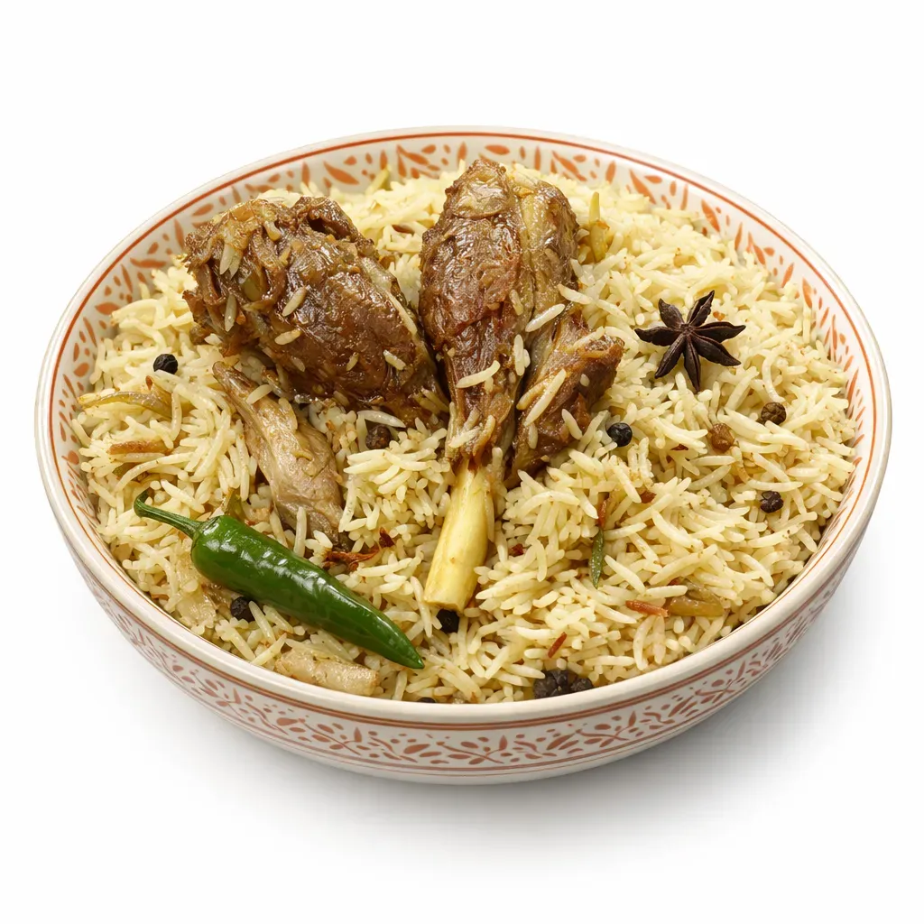 Savor the delightful and aromatic flavors of Mutton Yakhni Pulao, a celebrated Pakistani/South Asian dish that melds tender mutton with long-grain basmati rice, cooked in a spiced broth. Perfect for family gatherings and special occasions, this dish promises an enticing aromatic experience.
