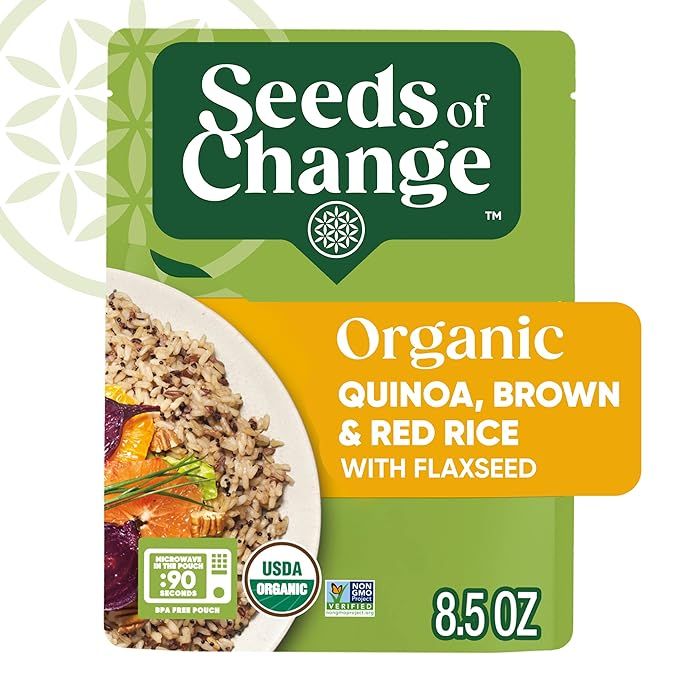 SEEDS OF CHANGE Organic Quinoa, Brown & Red Rice with Flaxseed is a convenient and nutritious option for those looking to incorporate more whole grains and seeds into their diet. This 8.5 oz pouch contains a blend of quinoa, brown rice, red rice, and flaxseed, all of which are certified organic.