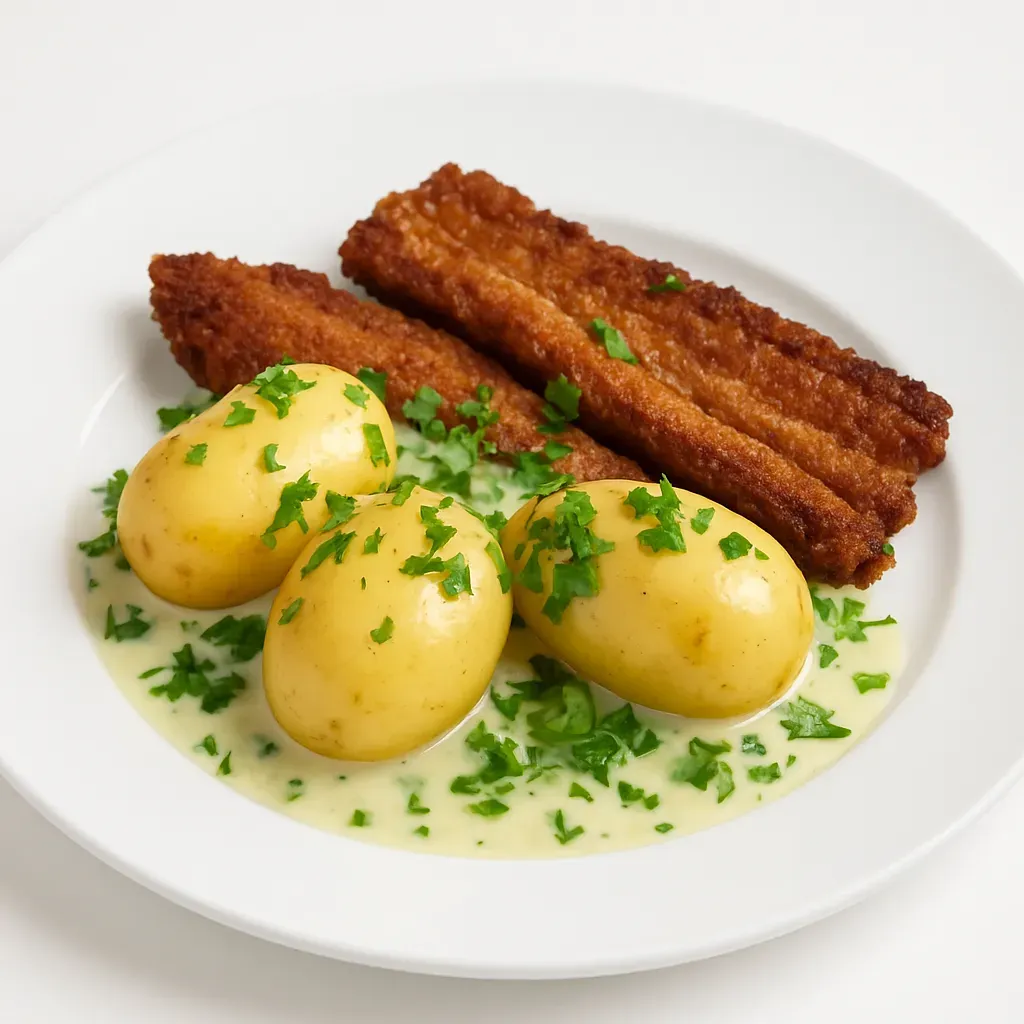 A cherished Danish classic featuring tender pork belly, breaded and fried to golden perfection, accompanied by creamy parsley sauce and hearty boiled potatoes.
