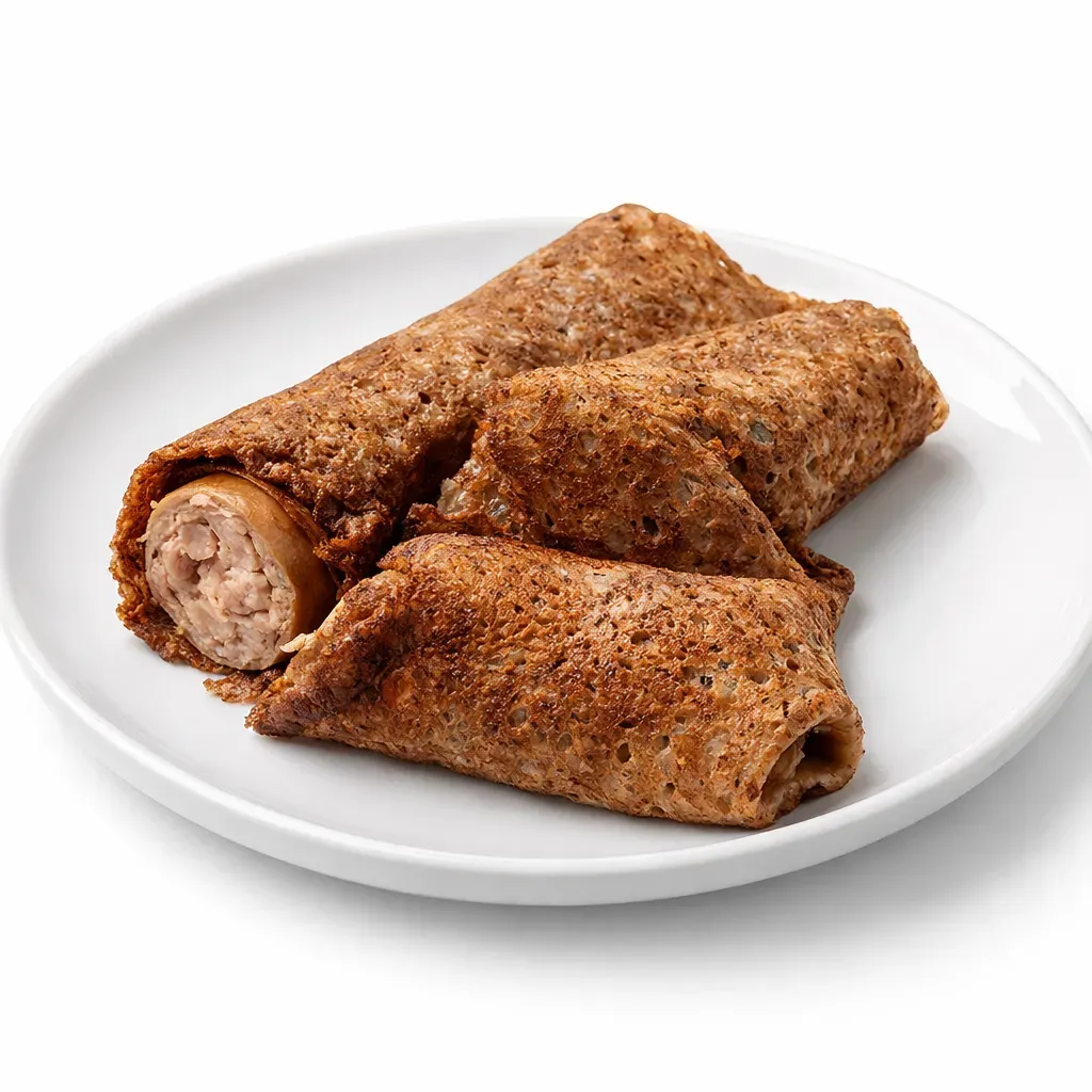 A traditional Brittany dish featuring a buckwheat pancake wrapped around a juicy sausage, flavored with Herbes de Provence.