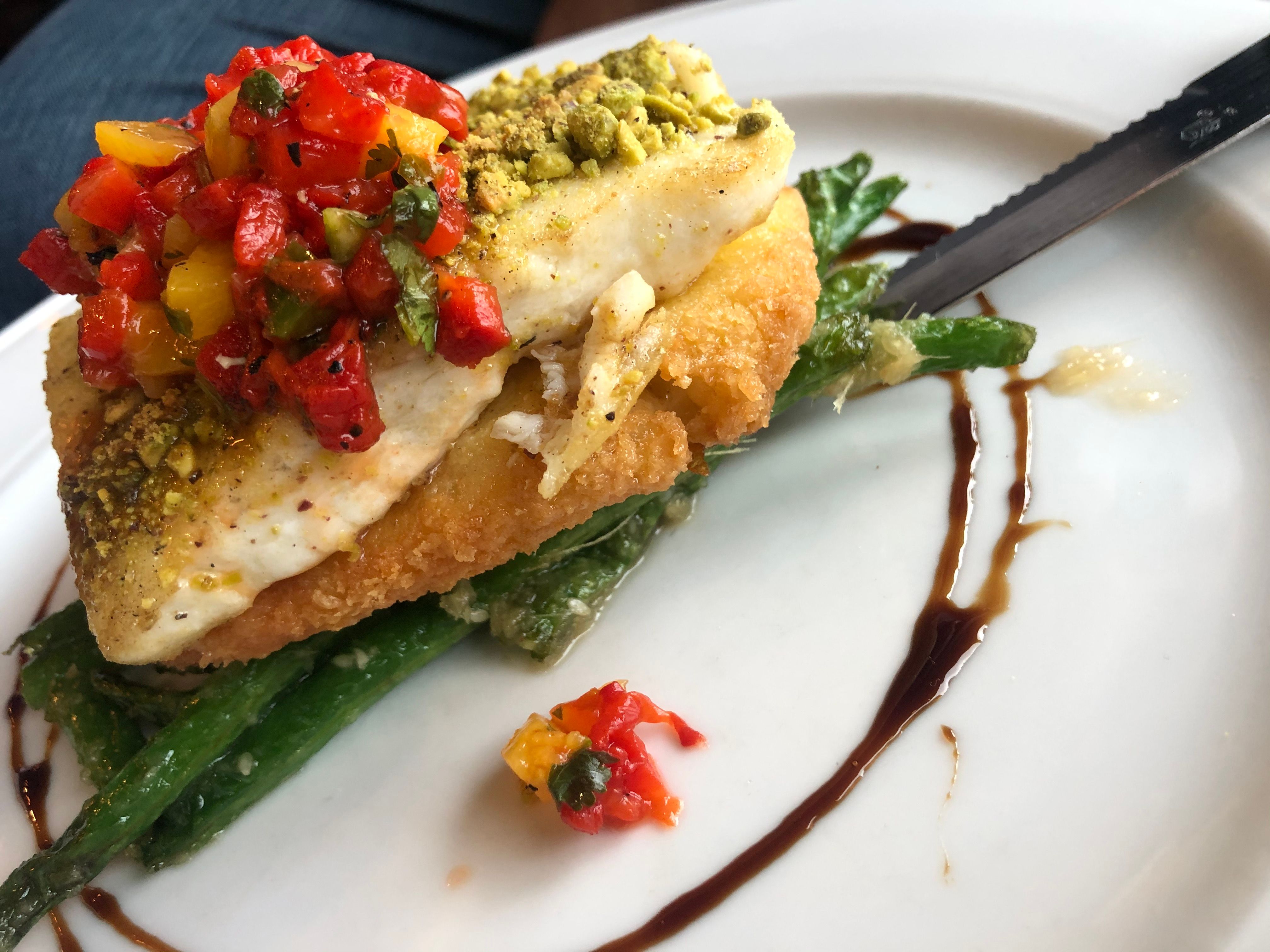 Review: Milltown Bar & Grill, Pistachio Halibut