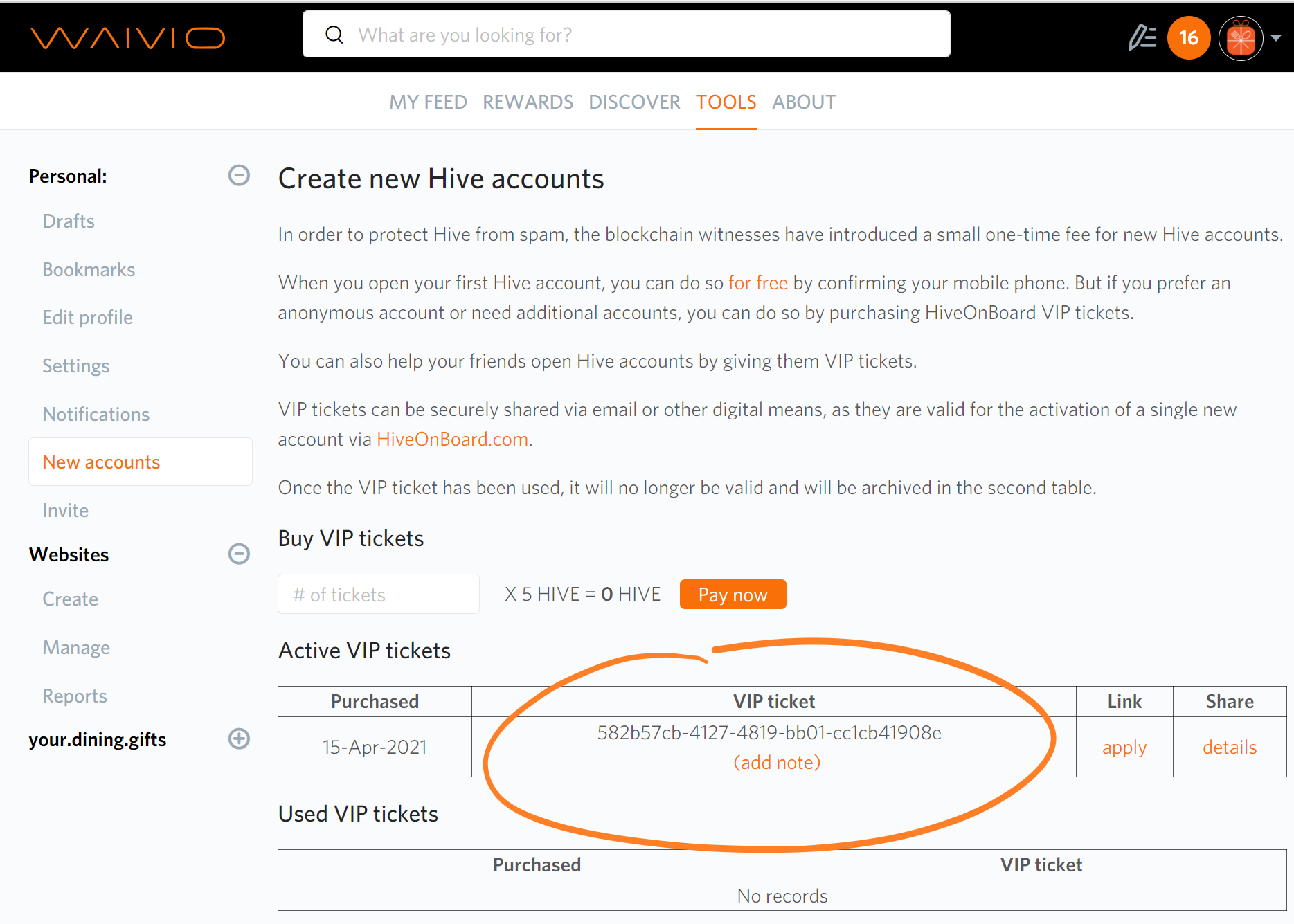 Waivio update: VIP tickets for new Hive accounts