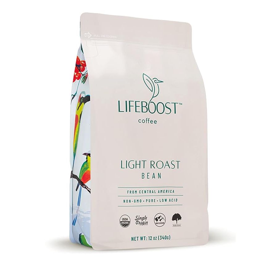 LIFEBOOST's Light Roast Whole Bean Coffee Beans come in a 0.75-pound pack and is made with low acid and non-GMO, organic beans. This coffee is carefully tested by third-party labs to ensure they are free from mycotoxins and pesticides, providing a clean and quality product for consumers to enjoy.