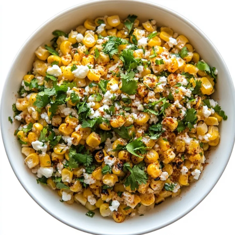 This recipe is a deconstructed version of the popular Mexican street corn, known as 'elote', transformed into a delicious and easy-to-make salad. Grilled corn kernels are mixed with crumbled cotija cheese, providing a creamy texture and a salty punch.