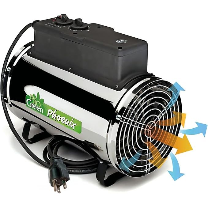 The PHX 2.8/US Phoenix Greenhouse Heater is a compact and powerful heating and cooling system designed for use in greenhouses, sheds, and garages. It operates at 220-240V and produces 9553 BTUs of heat, making it suitable for warming up small to medium-sized spaces efficiently.