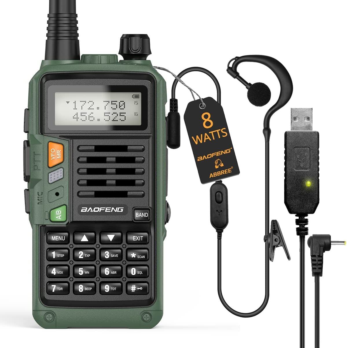 BaoFeng UV-S9 Plus is dual band / dual display / dual standby, 8w, tri-power portable two way radio with 2200 mah battery, desktop & USB charger cable.