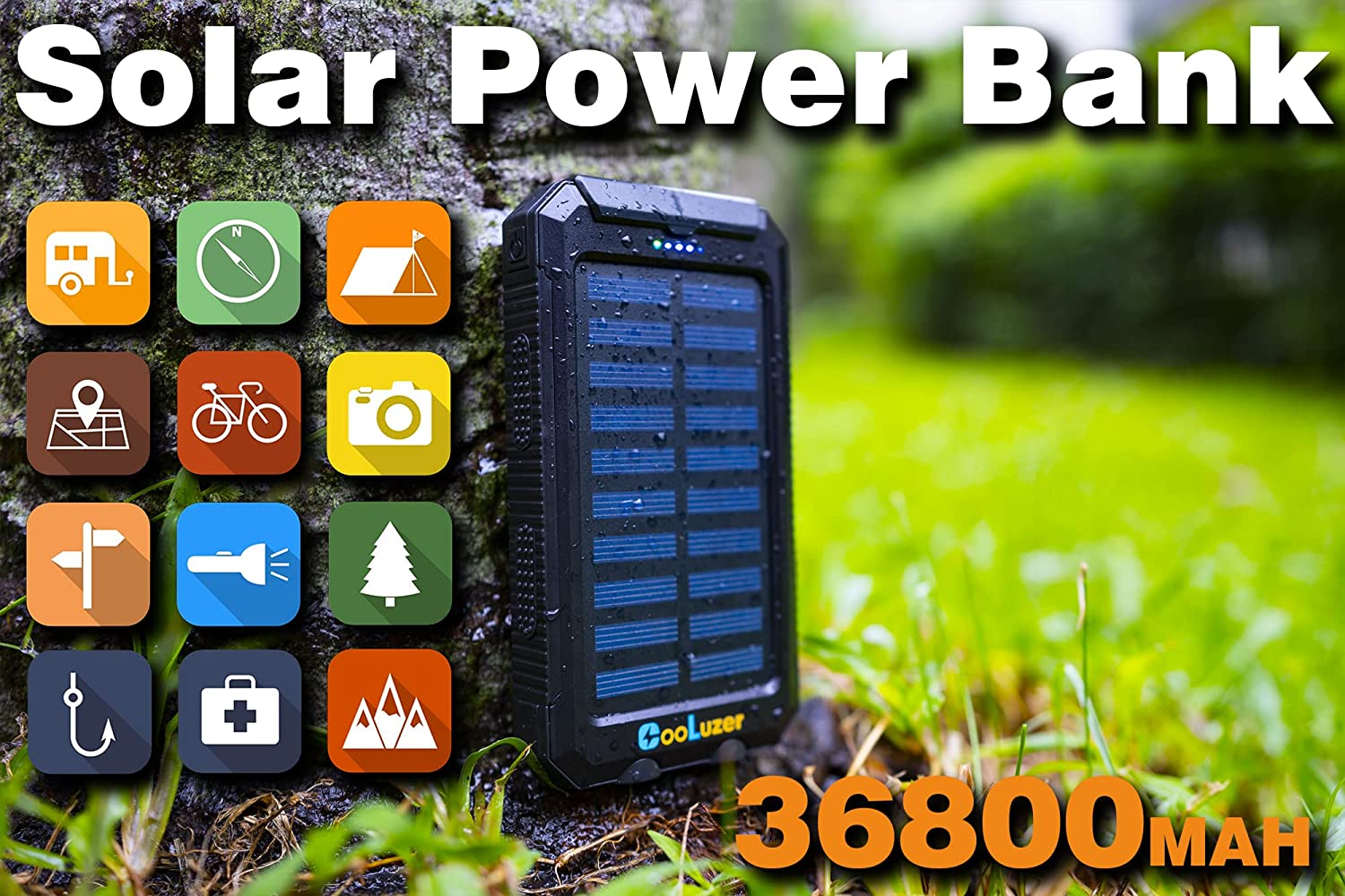 Solar charger power bank 36800mAh with 15w 5v x 3.1a fast charging, QC3.0 portable charger solar power bank, IP67 waterproof camping gear accessory for outdoors, black.