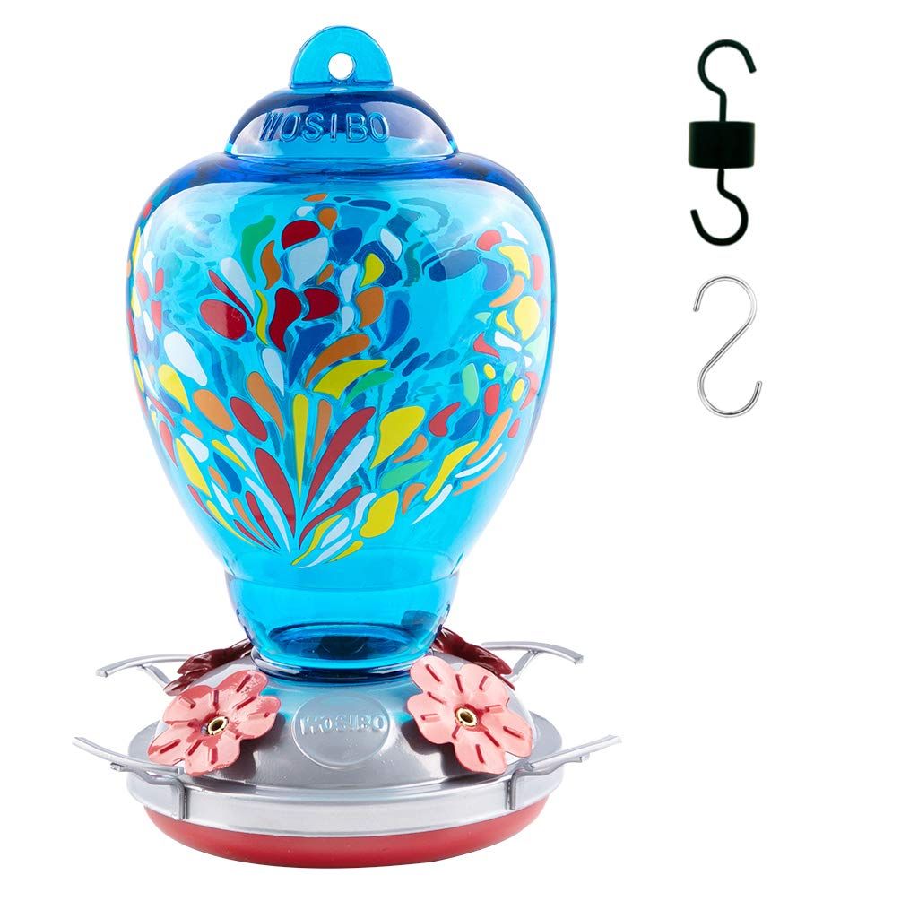 WOSIBO Hummingbird Feeder for Outdoors Patio Large 34 Ounces Colorful Glass Hummingbird Feeder with Ant Moat Hanging Hook image