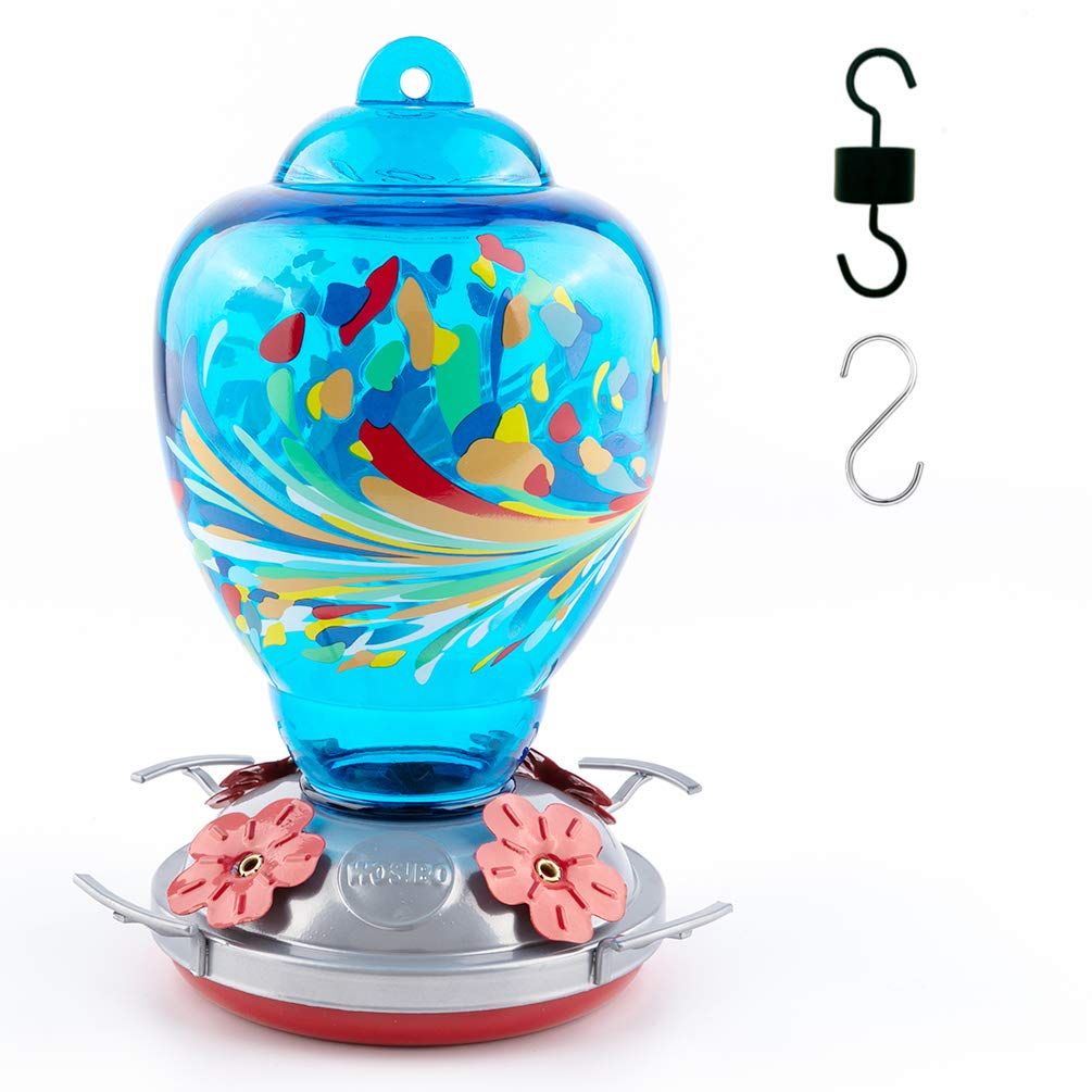 WOSIBO Hummingbird Feeder for Outdoors Patio Large 34 Ounces Colorful Glass Hummingbird Feeder with Ant Moat Hanging Hook image