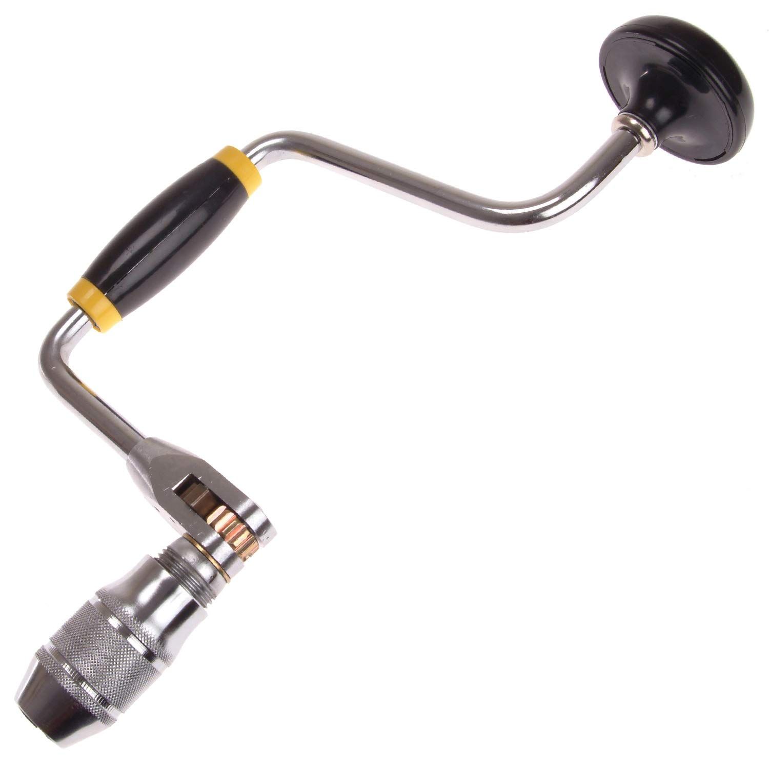 The Carpenter's Brace, also known as a bit brace or hand brace, is a versatile and durable tool designed for all your woodworking needs. It features a comfortable wooden handle and a sturdy metal construction, allowing for a secure grip and easy control while drilling.