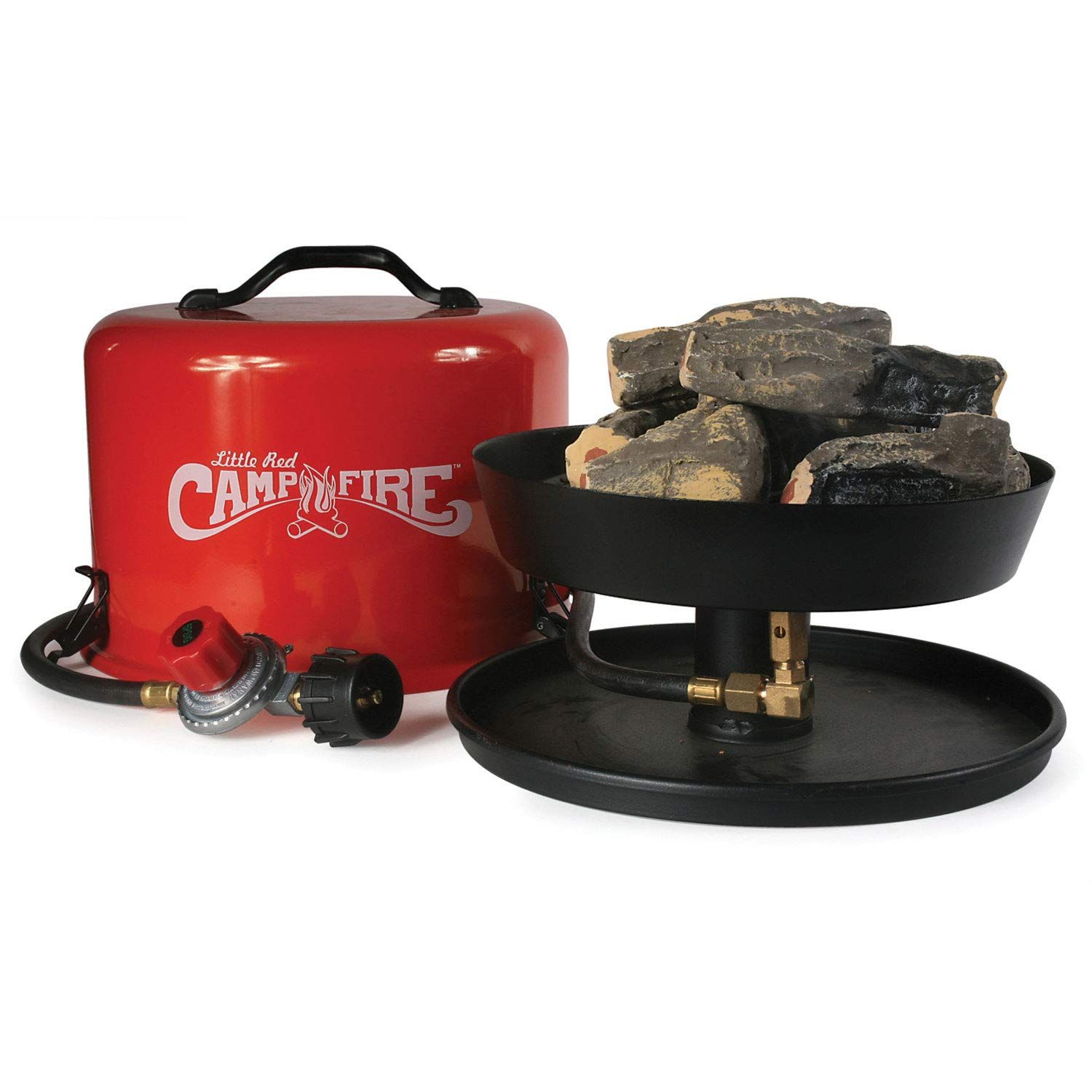 Experience the cozy warmth and natural ambiance of a campfire wherever you go with the Olympian Little Red Campfire Outdoor Portable Tabletop Propane Heater Fire Pit.