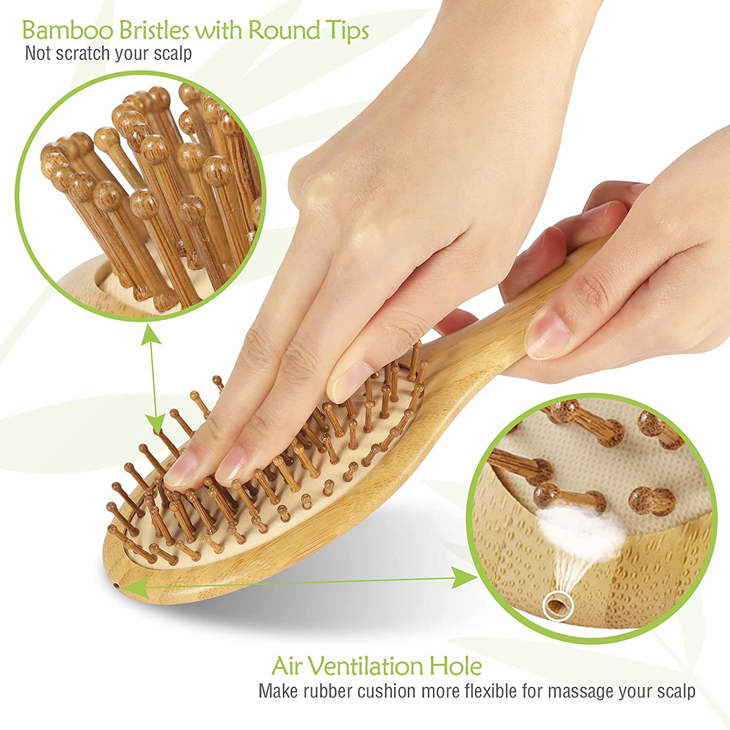 The cushioning offers a soft and revitalizing brushing experience. The brush is designed with an air hole at the top that releases air while brushing, providing a massage to the scalp. The round balls on the ends of the bamboo bristles promote blood circulation without causing any discomfort to the scalp. The ergonomic bamboo handle allows for a comfortable grip. To detangle hair, start by working out knots at the ends, then brush from the roots to the tips. This brush is eco-friendly and made with 100% natural bamboo. It makes a great zero-waste gift for yourself or a friend.