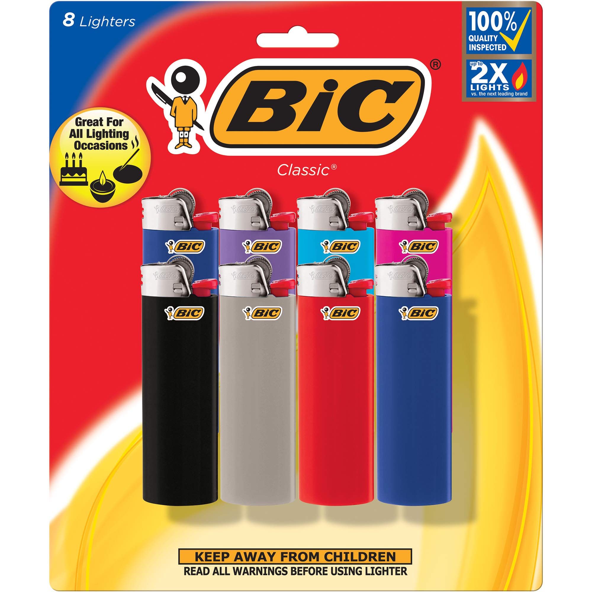 BIC Lighters are not only child-resistant but also guarantee safety, reliability, and superior quality with a 100% inspection process. Offering up to twice the light compared to other full-size leading brands, each BIC lighter undergoes over 50 automated quality checks during manufacturing. This set includes 8 classic BIC Lighters in assorted color