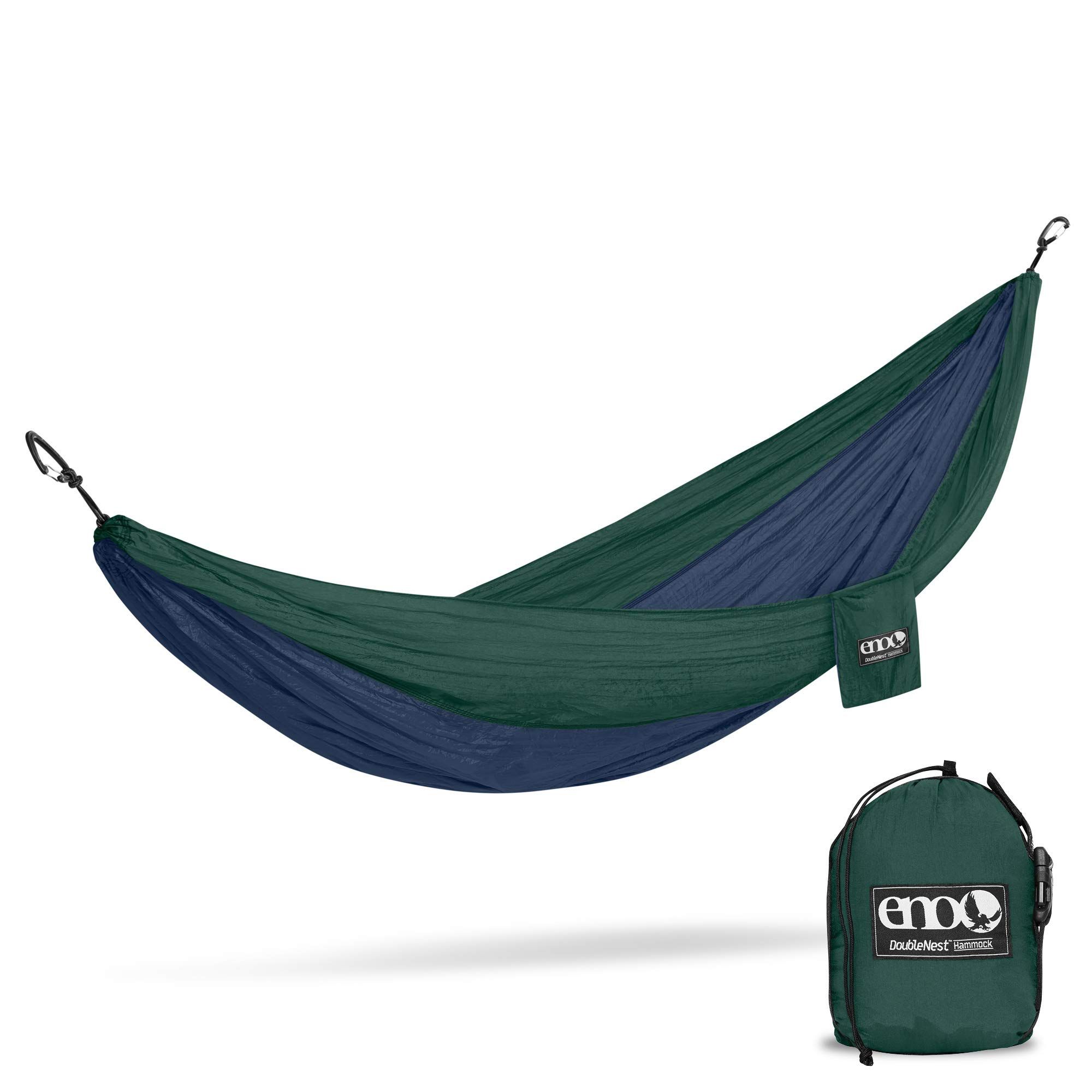 Ideal for backyards, campgrounds or the backcountry, the DoubleNest Hammock by Eagles Nest Outfitters (ENO) is lightweight, functional and easy to use. Large enough to fit two people snugly, the DoubleNest Hammock packs down small inside its integrated stuff sack.