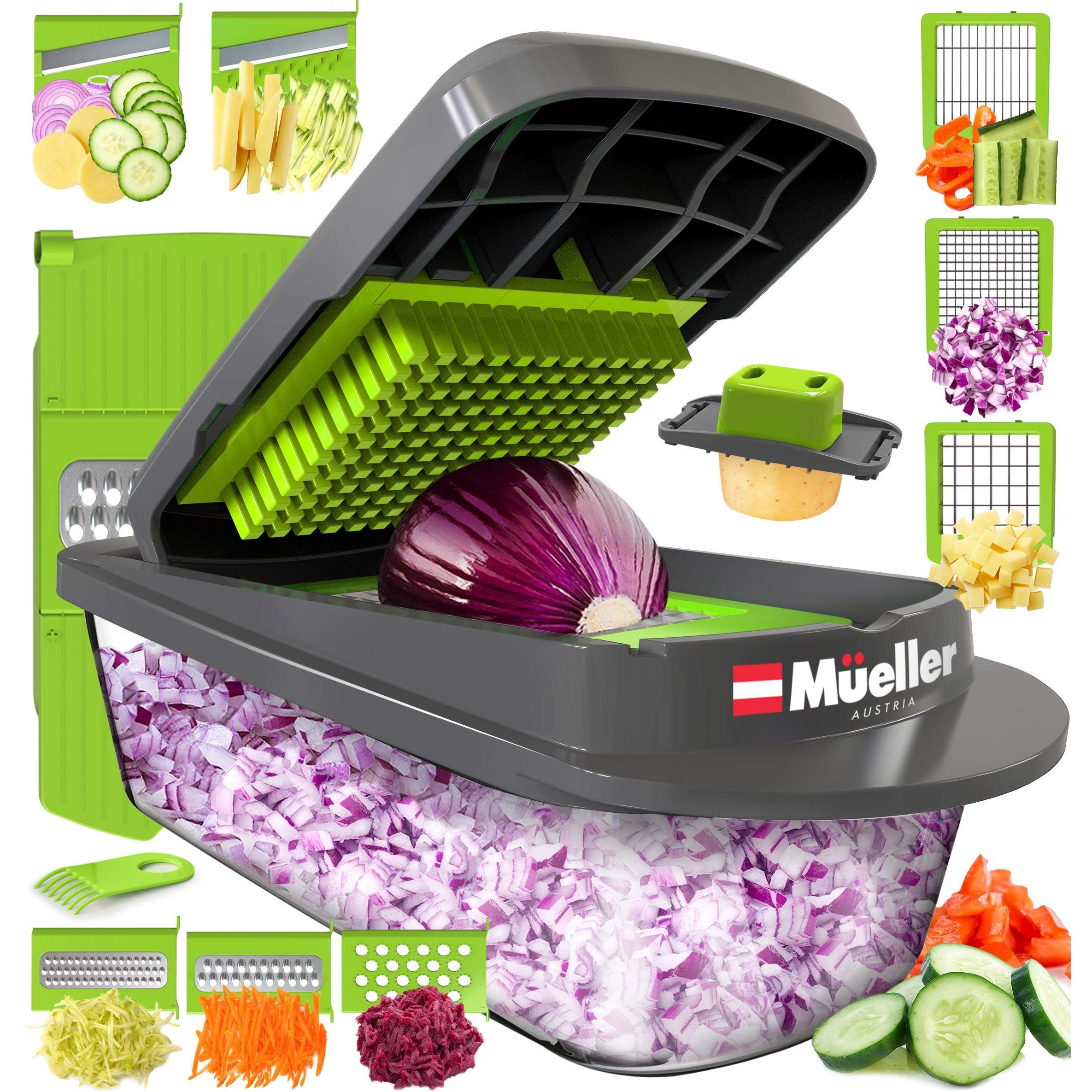 Upgrade your kitchen game with the Mueller Pro-Series Onion Chopper, a versatile and efficient tool that will make meal prep a breeze. This all-in-one chopper, slicer, cutter, dicer, and spiralizer comes with a convenient container and 8 different blades for all your slicing and chopping needs.