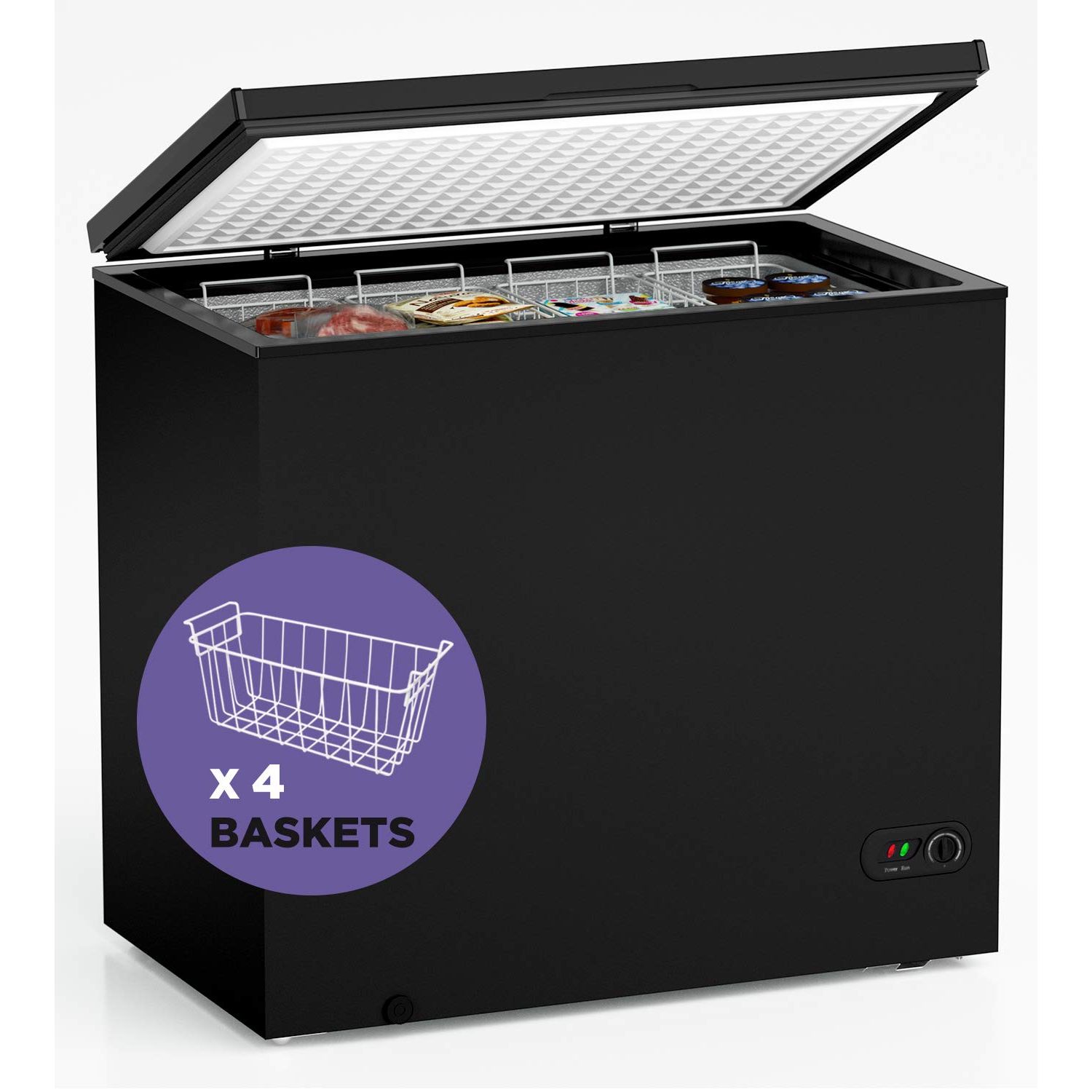 4 removable wire basket Adjustable thermostat is located on the exterior for your convenience Easy to clean interior design makes the cleanup process effortless Single storage basket provides easy access and organization The storage basket slides easily, so you can quickly see items underneath Defrost water drain ensures a clear path for water to t