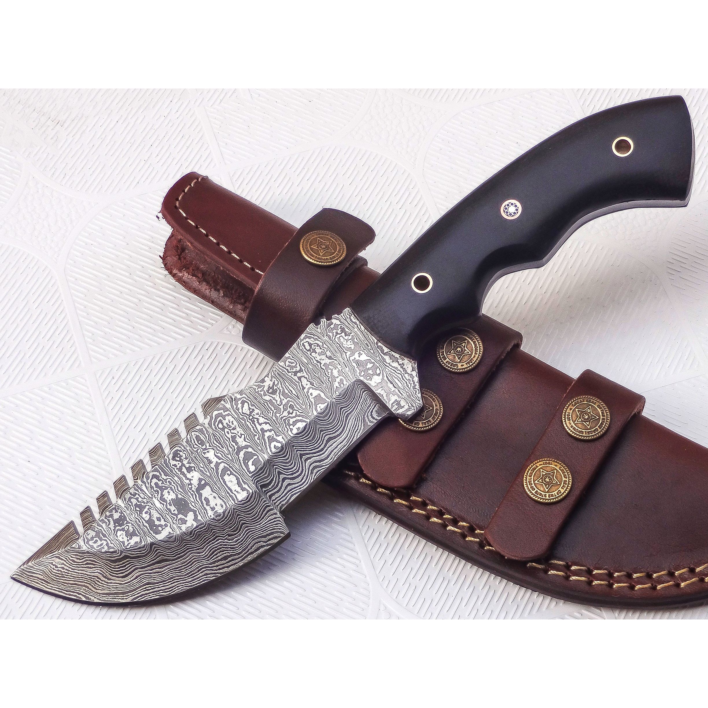 Introducing the TR-1166 Custom Handmade 10 inches Damascus Steel Tracker Knife with a stunning black Micarta handle. This exquisite knife boasts an overall length of 10.0 inches, with a handle length of 5.00 inches and a blade length of 5.00 inches.