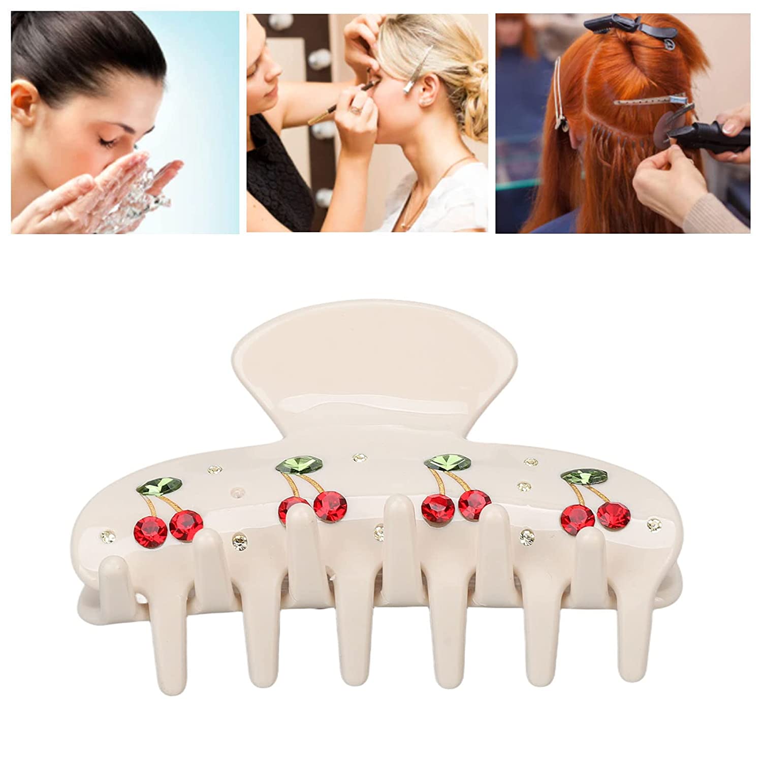 Fashionable appearance: cherry pattern on rhinestone hairpin, bright colors, rhinestone decoration, shiny and delicate, elegant look
Comfortable to wear: rounded edges, smooth surface, won't pull or damage hair, won't scratch skin/scalp
Anti-slip teeth design: strong claws, bite teeth, firm hold on thick/thin hair, non-slip, helps create elegant hairstyle
Excellent gift: perfect for birthday/holiday parties for women, sisters, mothers, colleagues, friends, etc.
Wide range of uses: suitable for washing face, morning beauty, makeup, cooking or bathing, keeps hair away from water, practical for women/girls/hairdressers.