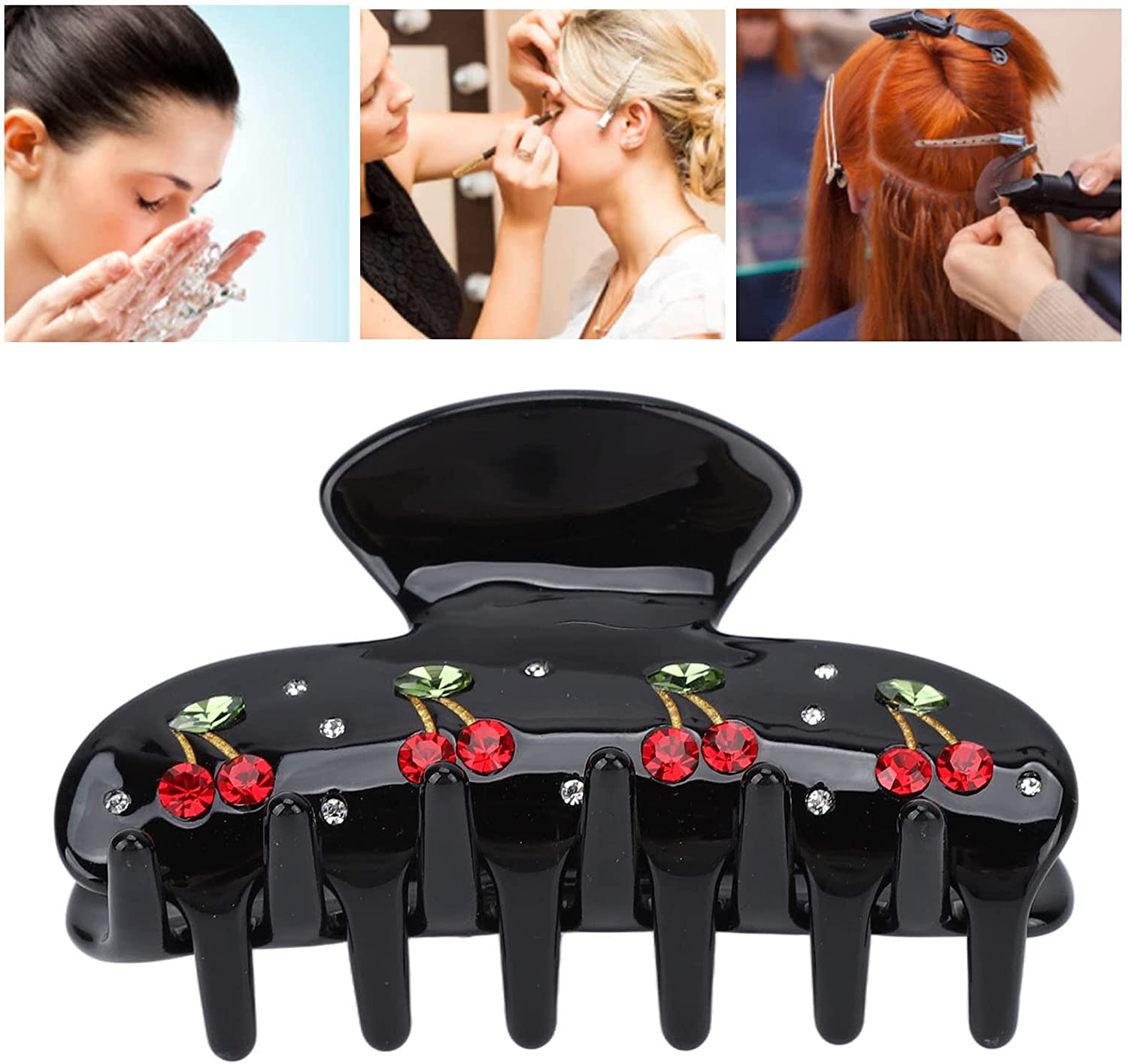 Fashionable appearance: cherry pattern on rhinestone hairpin, bright colors, rhinestone decoration, shiny and delicate, elegant look
Comfortable to wear: rounded edges, smooth surface, won't pull or damage hair, won't scratch skin/scalp
Anti-slip teeth design: strong claws, bite teeth, firm hold on thick/thin hair, non-slip, helps create elegant hairstyle
Excellent gift: perfect for birthday/holiday parties for women, sisters, mothers, colleagues, friends, etc.
Wide range of uses: suitable for washing face, morning beauty, makeup, cooking or bathing, keeps hair away from water, practical for women/girls/hairdressers.