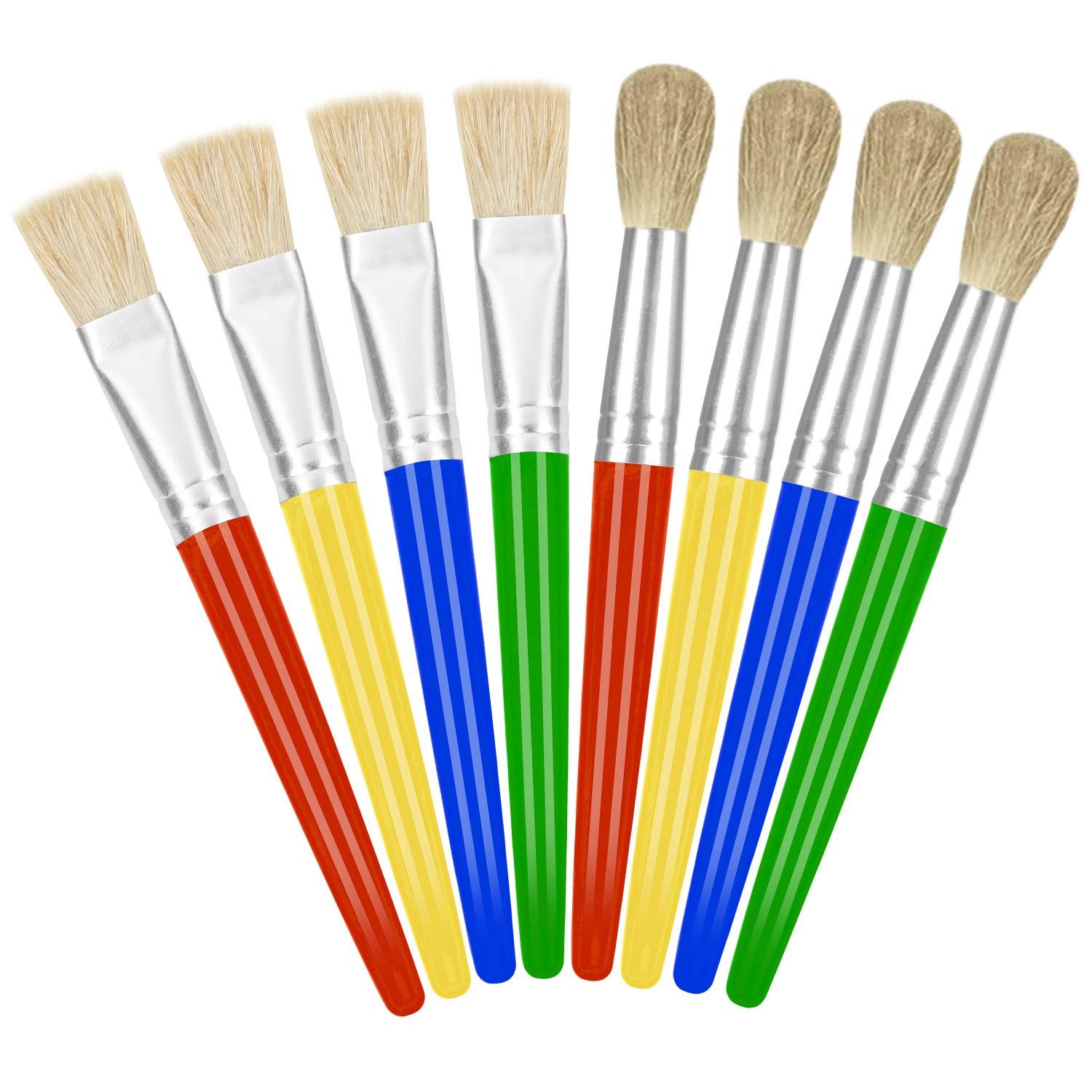 Nice selection of round and flat paint brushes set works great with washable paint, tempera paint and acrylic paint which is good for the young artist to explore their creativity. There round paintbrushes are ideal for kids' school projects, birthday parties, painting party, art party, paintings, and more.