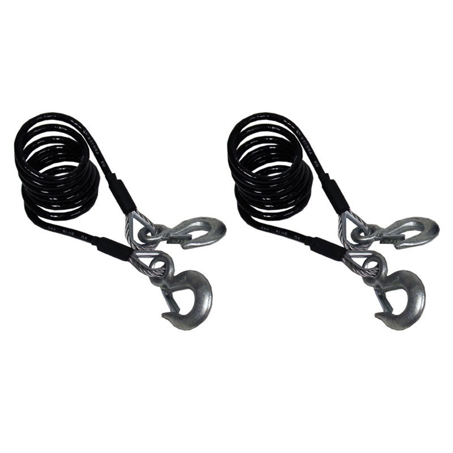 The Class IV Safety Cables from Blue Ox offers safety and piece of mind while towing. The coiled safety cables offer a rating of 10000 lbs. and a full length of 7 feet. A snap hook at each end make connecting a breeze and the snapping gates hold the hooks in place even on the roughest roads. Includes two cables.