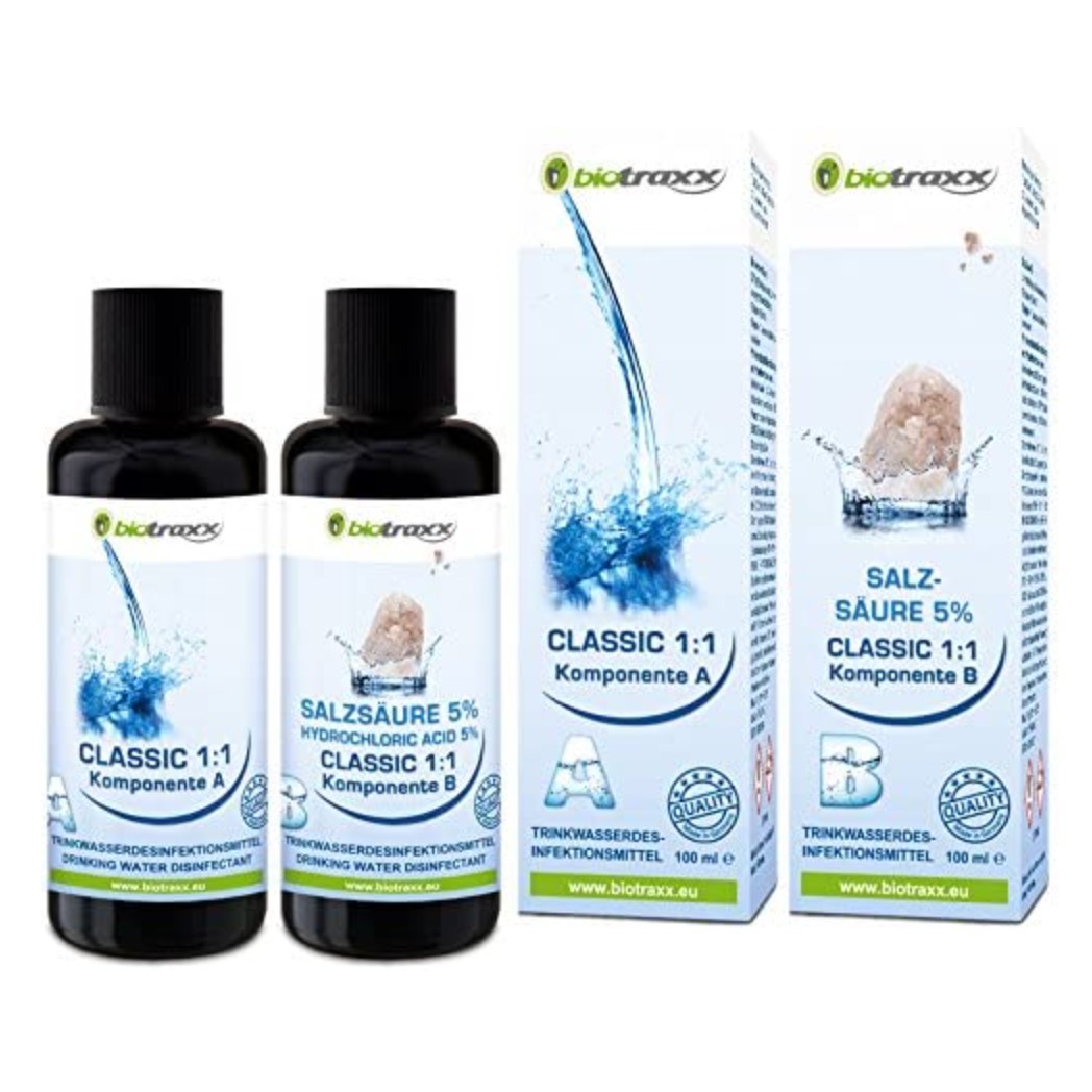 1:1 Set, 1x 100ml Hydrochloric Acid 5%, 1x 100ml Sodium Chlorite NaClO2 solutionWater purification and disinfection set consists of two components which are accorded to the guidelines of the drinking 