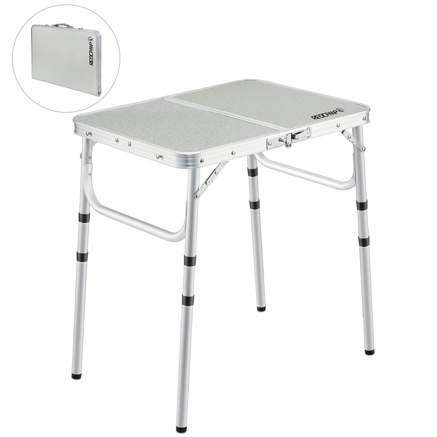 High Quality MaterialSturdy Thicken FrameEasy to Transport and StoreMultipurpose Portable TableAdjustable Camping Table Redcamp camping table is made of medium density fiberboard that is easy to clean and can last for many years. Our folding table is made of thicker aluminum frame that is sturdy and stable. It can hold up to 70 lbs. This portable f