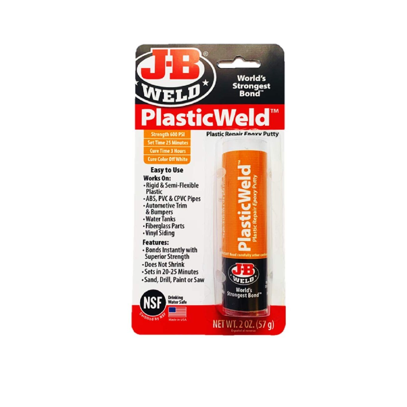 Features and benefits: bonds instantly with superior strengthrebuilds rigid and semi flexible plasticswill repair and rebuild any abs, pvc, cpvc plasticsdoes not shrink or pull awayonce cured you can sand it, paint it, drill it, tap itj-b weld kwikplastic can repair and rebuild anything made of abs, pvc, and cpvc.