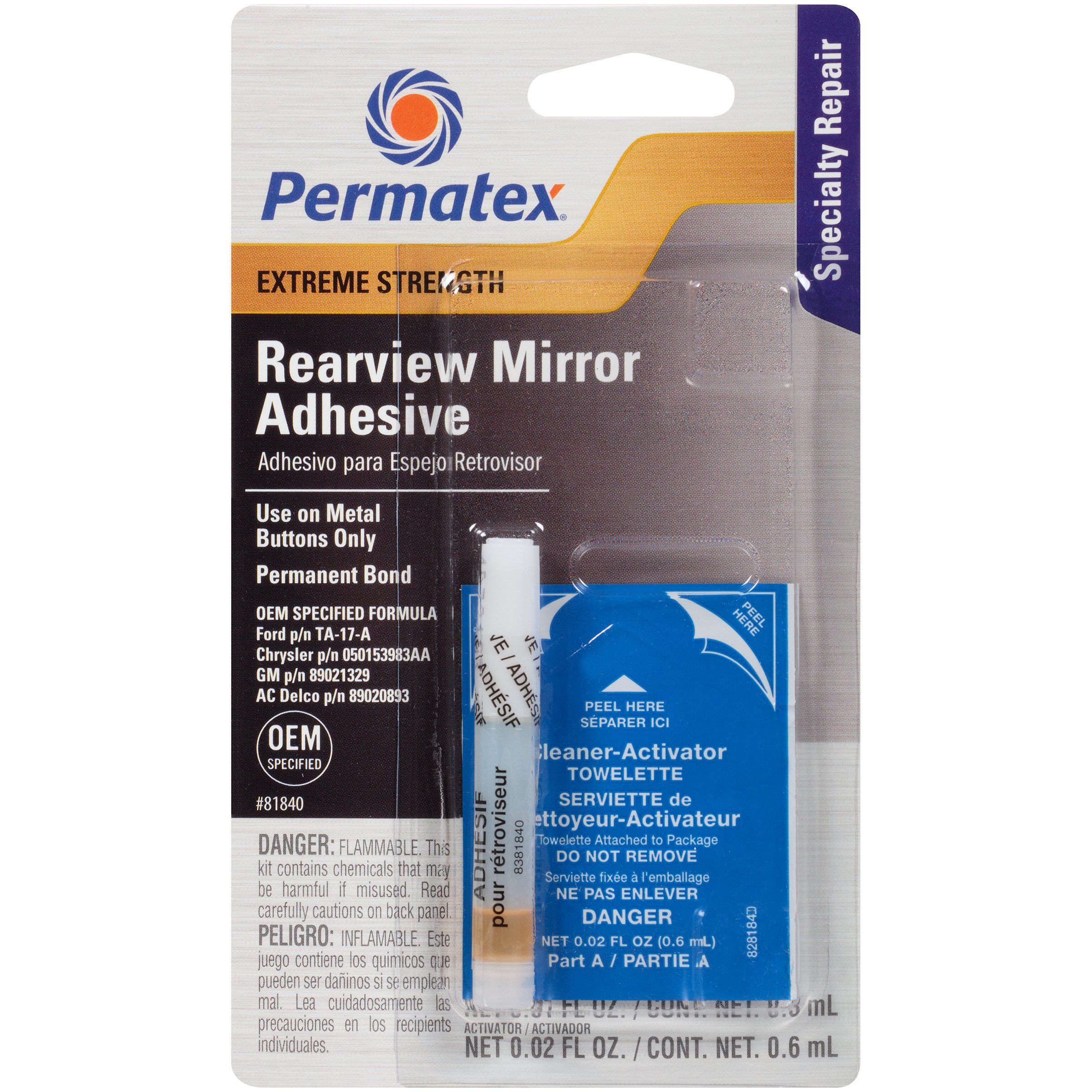 Permatex Extreme Review Mirror Professional Strength Adhesive features a 2 part (towelette pipette) professional strength adhesive and activator. Medical grade towelette helps to minimize application messes, improves application accuracy and also provides a safer package for general consumers and professional installers.