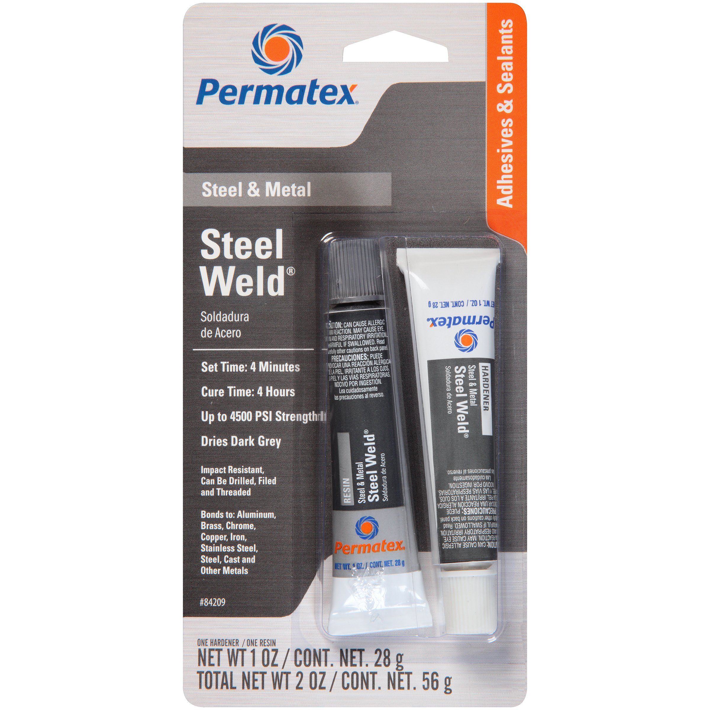 Permatex PermaPoxy 4-Minute Multi-Metal Epoxy is a versatile, easy-to-use, multi-metal, two-part epoxy adhesive and filler system that eliminates the need for welding or brazing. Sets in four minutes with no clamping needed and has a dark grey appearance. Fills gaps and will not shrink. When cured, can be drilled, sanded, threaded or filed.
